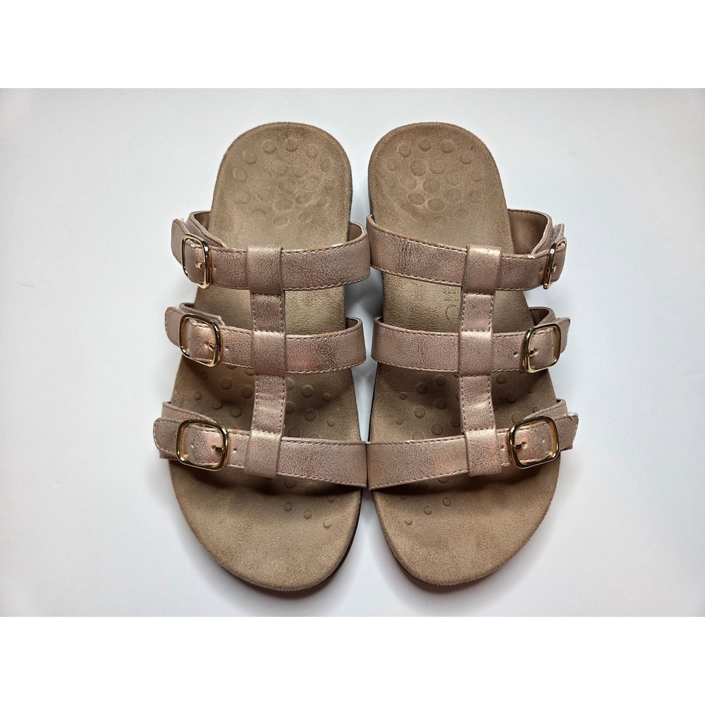 Vionic Misa Rose Gold Metallic Triple Strap Slide Sandals Womens 8 Wide TVW5135